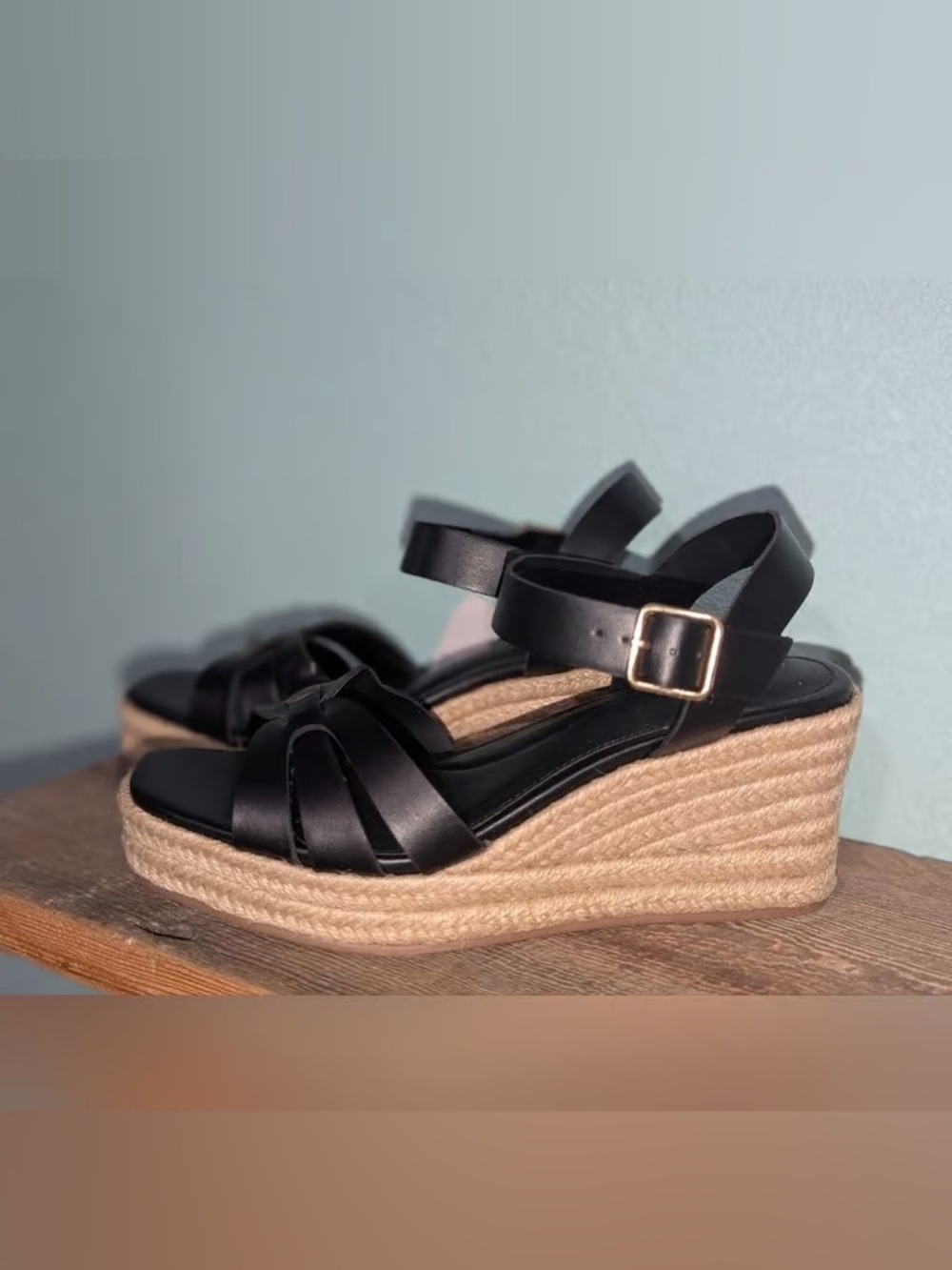 Time and Tru Black Espadrille Wedge Sandals with Ankle Buckle